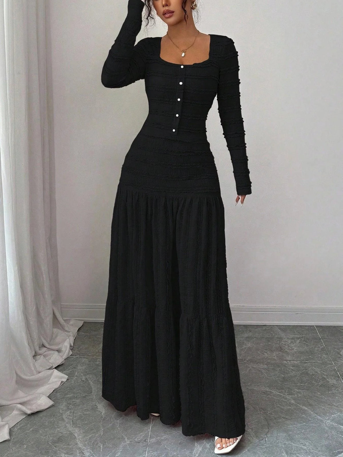 Square Neck Maxi Dress – Smocked Bodice, Ruffle Trim & Breathable Fabric 🌸
