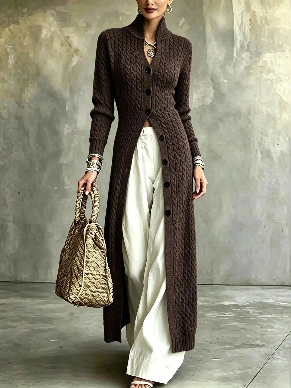 Women's Stand Collar Single Button Cable Knit Long Cardigan