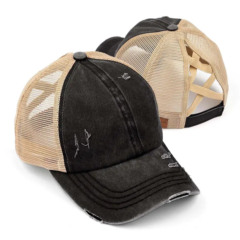 Patriotic Distressed Denim Ponytail Baseball Cap for Women