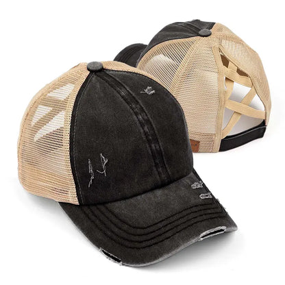 Patriotic Distressed Denim Ponytail Baseball Cap for Women