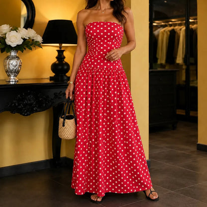 Strapless Polka Dot Ruched Maxi Dress