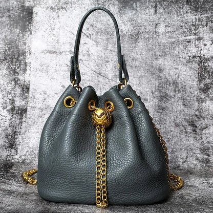 Genuine Leather Women's Handbags - First-Layer Cowhide Mini Bucket Bag