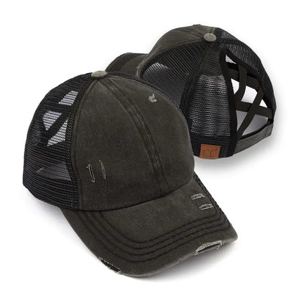 Patriotic Distressed Denim Ponytail Baseball Cap for Women