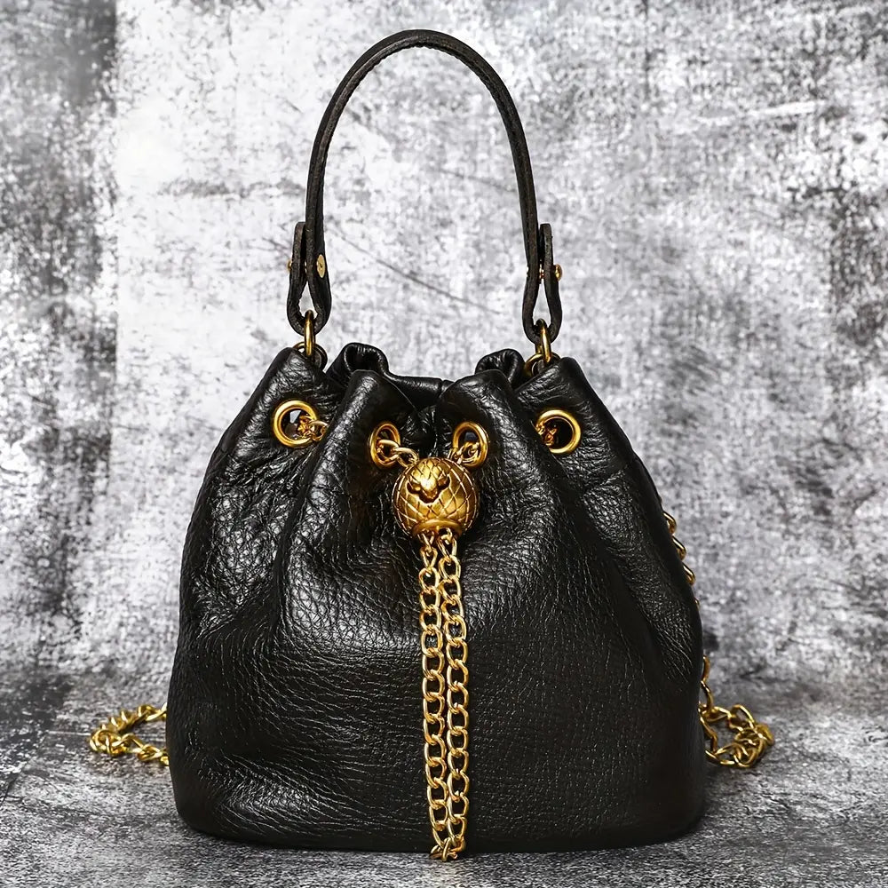 Genuine Leather Women's Handbags - First-Layer Cowhide Mini Bucket Bag