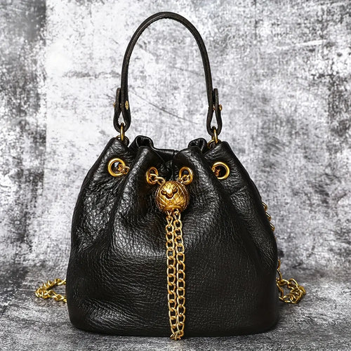 Genuine Leather Women's Handbags - First-Layer Cowhide Mini Bucket Bag