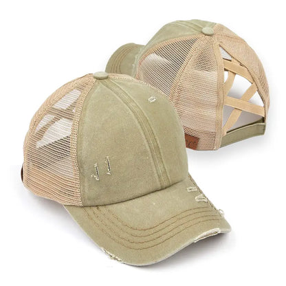 Patriotic Distressed Denim Ponytail Baseball Cap for Women
