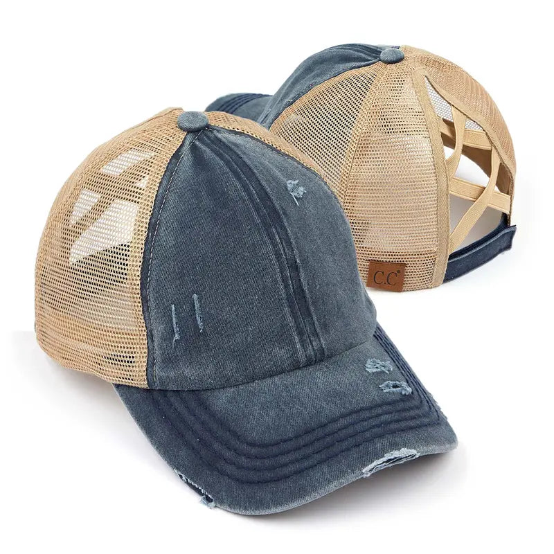 Patriotic Distressed Denim Ponytail Baseball Cap for Women