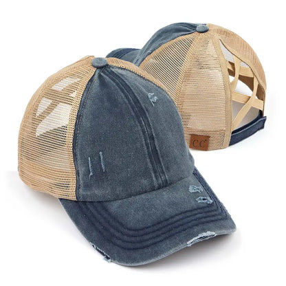 Patriotic Distressed Denim Ponytail Baseball Cap for Women