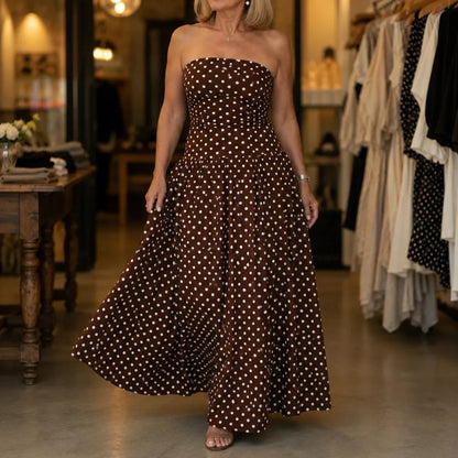 Strapless Polka Dot Ruched Maxi Dress
