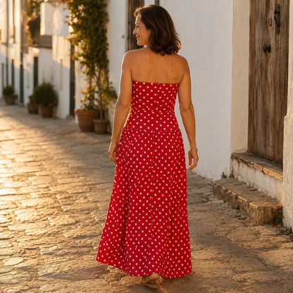 Strapless Polka Dot Ruched Maxi Dress