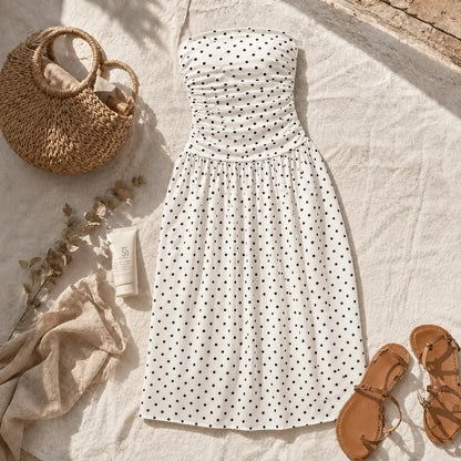 Strapless Polka Dot Ruched Maxi Dress