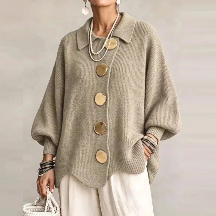 Women's Ribbed Cardigan | Oversized Knit | Gold Buttons, Relaxed Fit