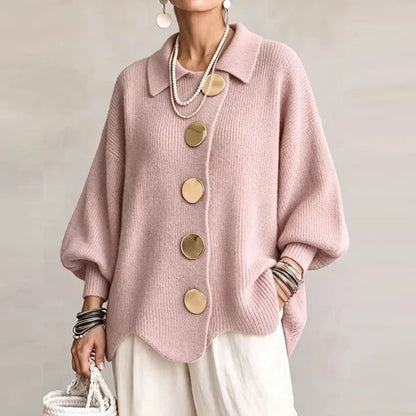 Women's Ribbed Cardigan | Oversized Knit | Gold Buttons, Relaxed Fit