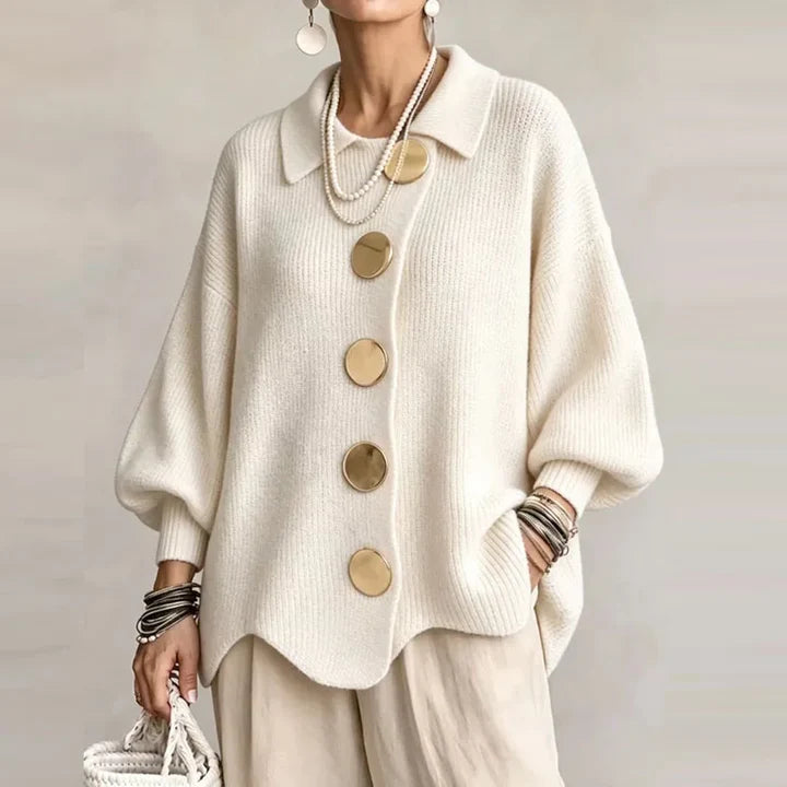 Women's Ribbed Cardigan | Oversized Knit | Gold Buttons, Relaxed Fit