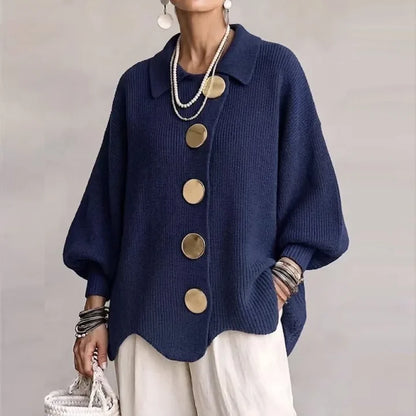 Women's Ribbed Cardigan | Oversized Knit | Gold Buttons, Relaxed Fit