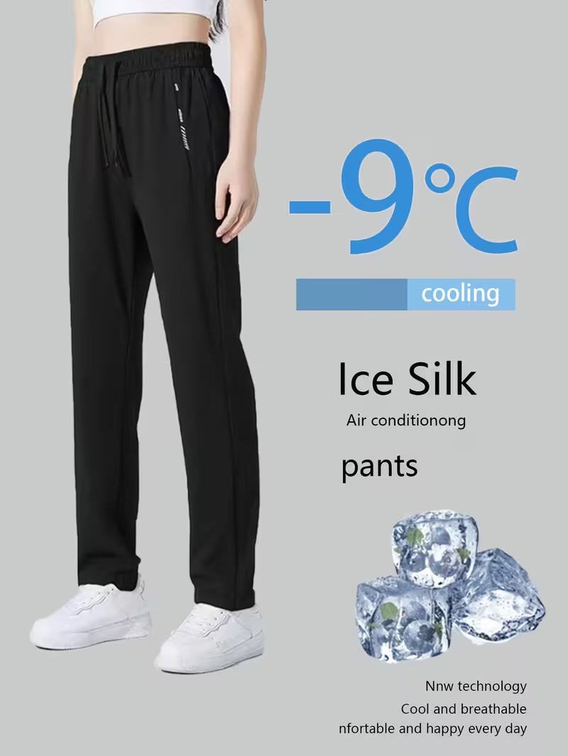 Women's Quick-Dry Ice Fiber Pants - Lightweight Breathable Athletic Trousers with Zipper Pockets & Elastic Waist