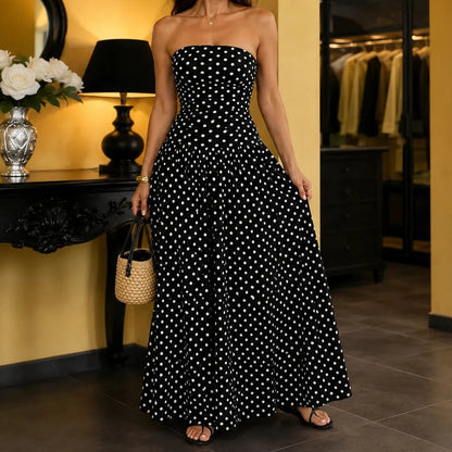Strapless Polka Dot Ruched Maxi Dress