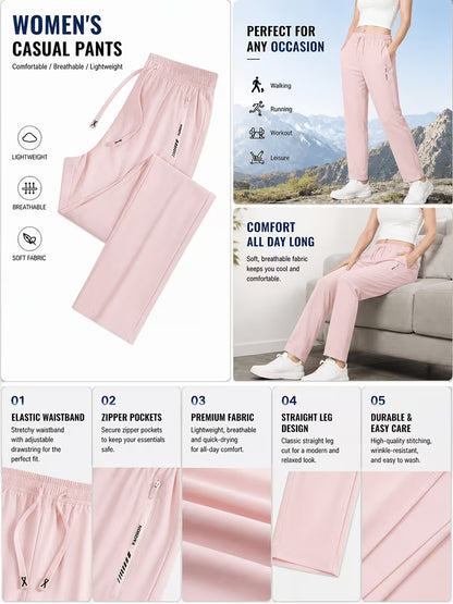 Women's Quick-Dry Ice Fiber Pants - Lightweight Breathable Athletic Trousers with Zipper Pockets & Elastic Waist