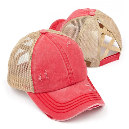 Patriotic Distressed Denim Ponytail Baseball Cap for Women