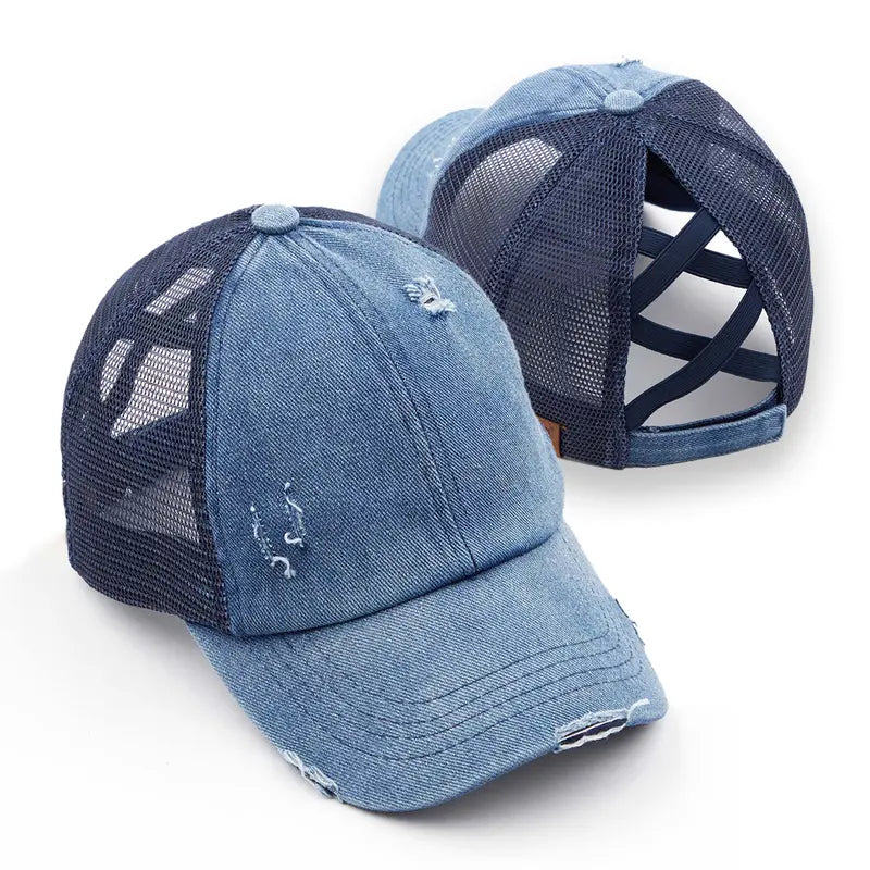 Patriotic Distressed Denim Ponytail Baseball Cap for Women