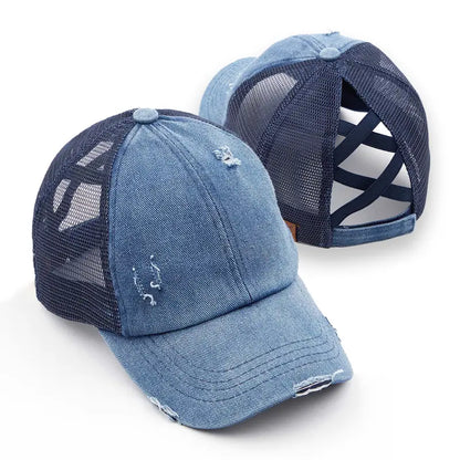 Patriotic Distressed Denim Ponytail Baseball Cap for Women