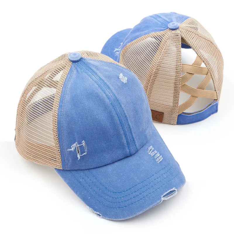 Patriotic Distressed Denim Ponytail Baseball Cap for Women