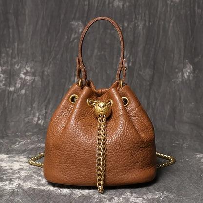 Genuine Leather Women's Handbags - First-Layer Cowhide Mini Bucket Bag