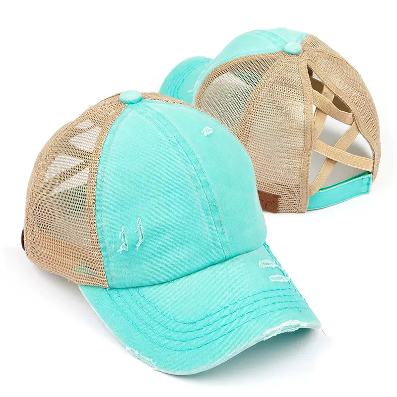 Patriotic Distressed Denim Ponytail Baseball Cap for Women