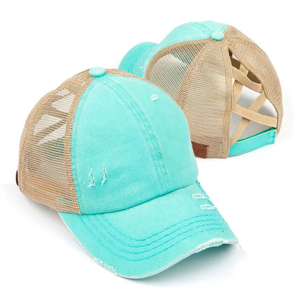 Patriotic Distressed Denim Ponytail Baseball Cap for Women