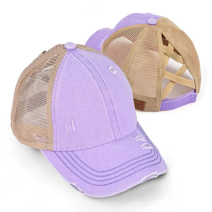 Patriotic Distressed Denim Ponytail Baseball Cap for Women