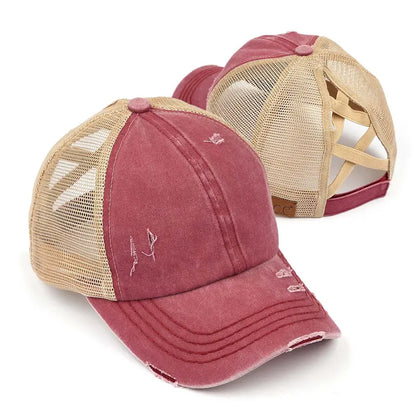 Patriotic Distressed Denim Ponytail Baseball Cap for Women