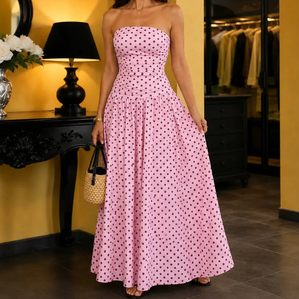 Strapless Polka Dot Ruched Maxi Dress