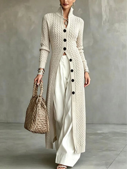 Women's Stand Collar Single Button Cable Knit Long Cardigan