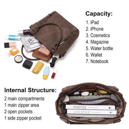 Women's Vegan Vintage Leather Laptop Tote Bag Everyday Use