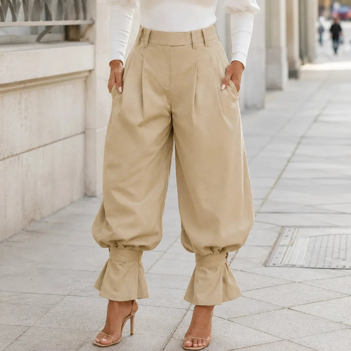 High Waist Pleated Lantern Pants with Ruffled Cuff
