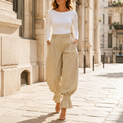 High Waist Pleated Lantern Pants with Ruffled Cuff