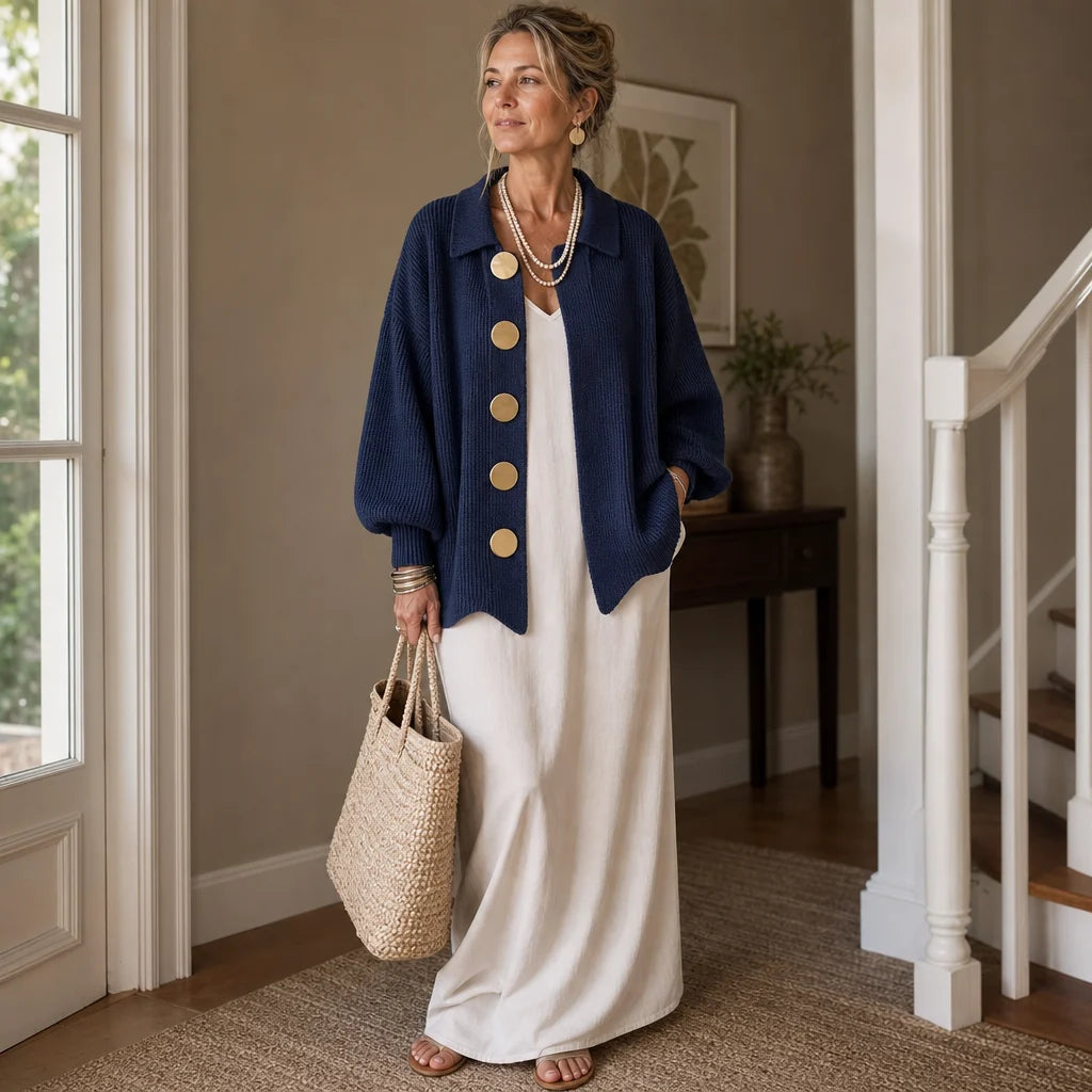 Women's Ribbed Cardigan | Oversized Knit | Gold Buttons, Relaxed Fit
