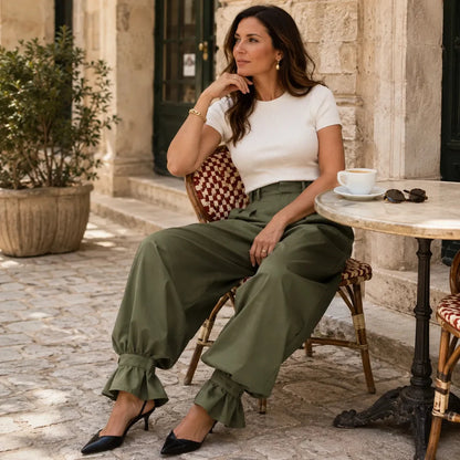 High Waist Pleated Lantern Pants with Ruffled Cuff