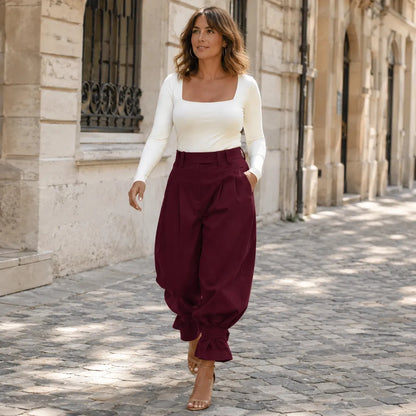 High Waist Pleated Lantern Pants with Ruffled Cuff