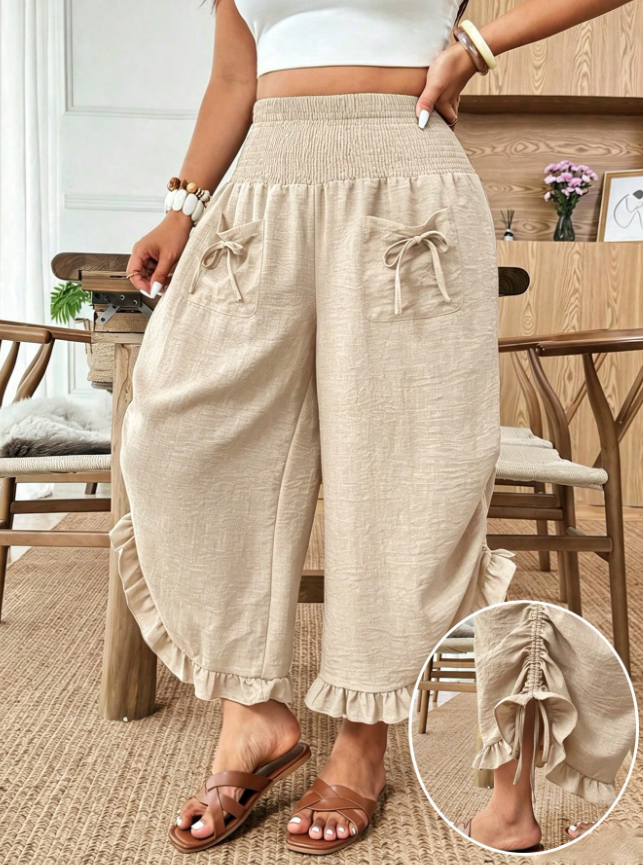 Weeklong Plus Size Women's Solid Color Drawstring Waist Pocket Tie Leg Pants