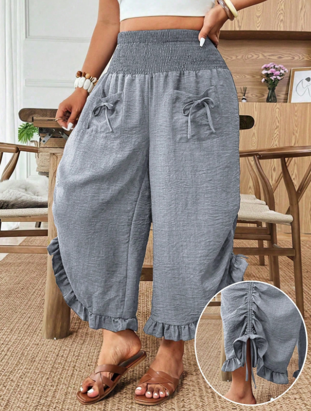Weeklong Plus Size Women's Solid Color Drawstring Waist Pocket Tie Leg Pants