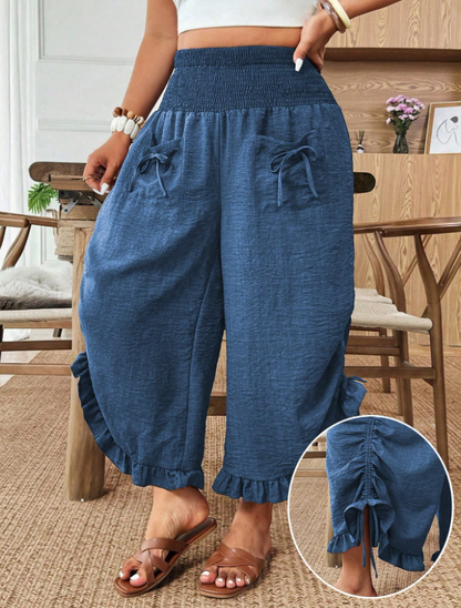 Weeklong Plus Size Women's Solid Color Drawstring Waist Pocket Tie Leg Pants