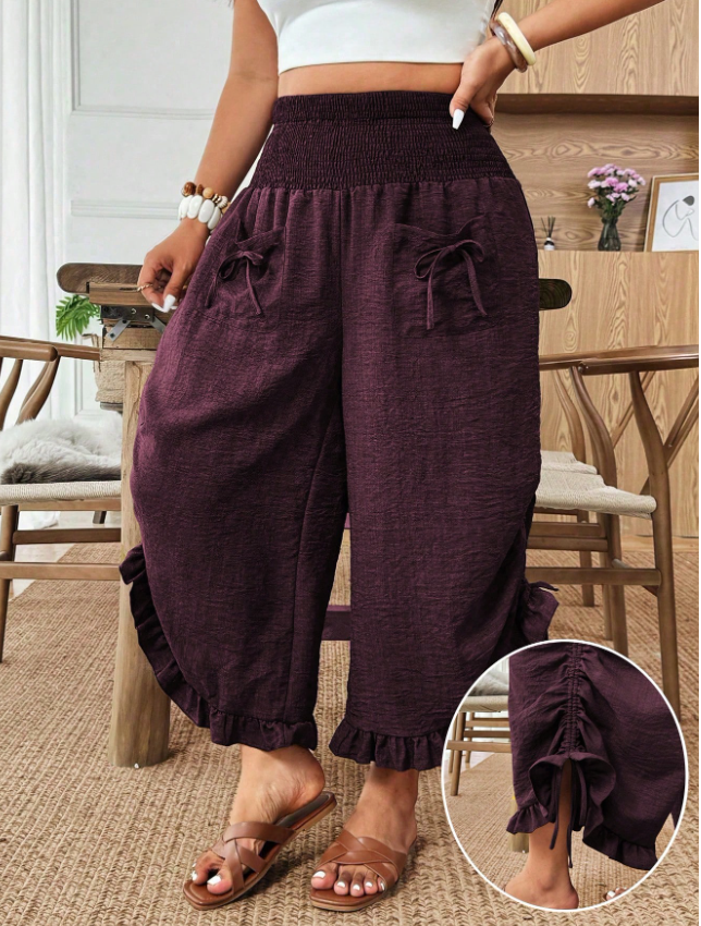 Weeklong Plus Size Women's Solid Color Drawstring Waist Pocket Tie Leg Pants