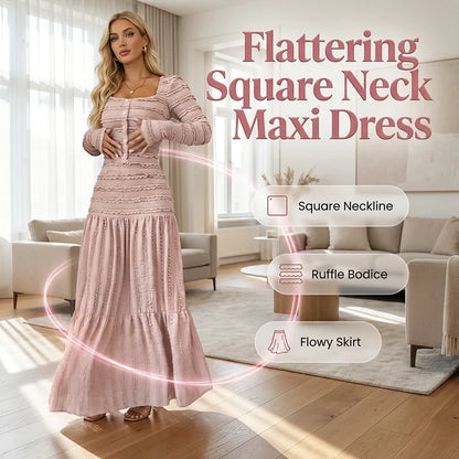 Square Neck Maxi Dress – Smocked Bodice, Ruffle Trim & Breathable Fabric 🌸
