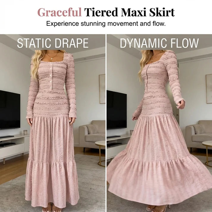 Square Neck Maxi Dress – Smocked Bodice, Ruffle Trim & Breathable Fabric 🌸