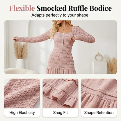 Square Neck Maxi Dress – Smocked Bodice, Ruffle Trim & Breathable Fabric 🌸