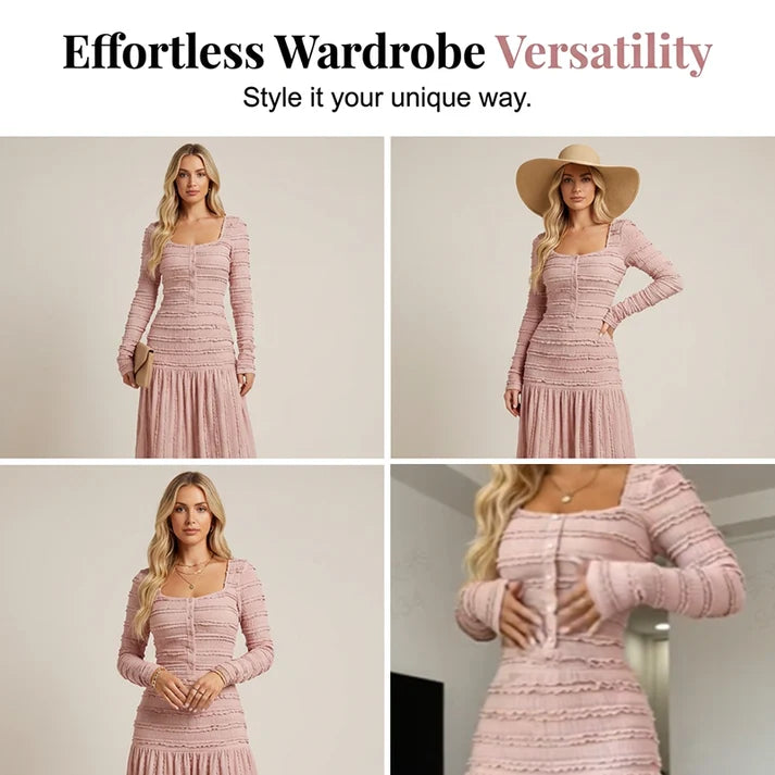 Square Neck Maxi Dress – Smocked Bodice, Ruffle Trim & Breathable Fabric 🌸