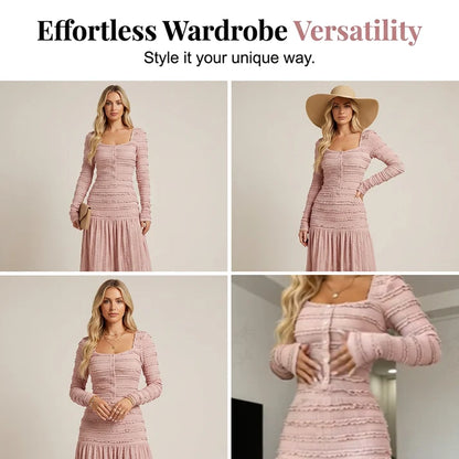 Square Neck Maxi Dress – Smocked Bodice, Ruffle Trim & Breathable Fabric 🌸