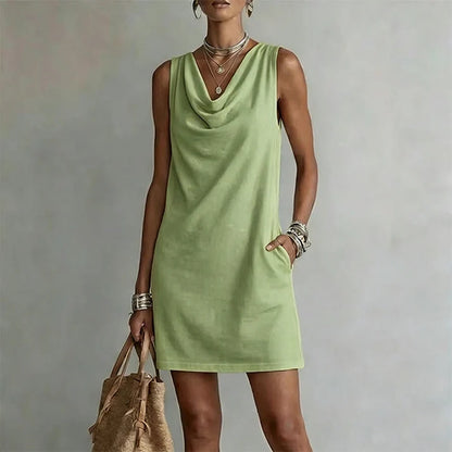 ⏳Time-Limited Special⏰Elegant Slim Fit Cowl Neck Dress – Sleeveless, Side Pockets, Versatile ✨