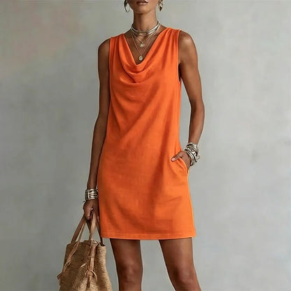 ⏳Time-Limited Special⏰Elegant Slim Fit Cowl Neck Dress – Sleeveless, Side Pockets, Versatile ✨